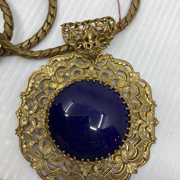 Vtg chunky MIRIAM HASKELL signed brass glass medallion statement piece necklace - Picture 2 of 5